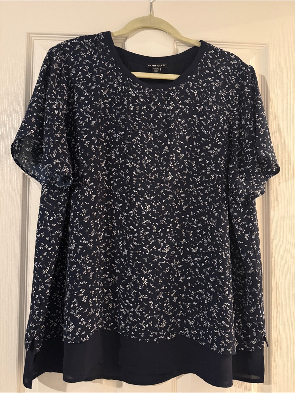 Hilary Radley Navy and White Floral Short-Sleeve Blouse